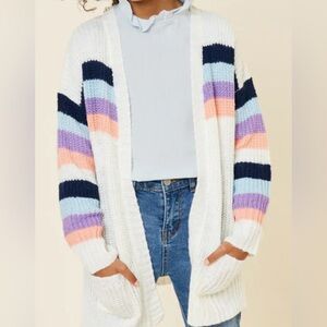 Hayden Cream Open-Front Cardigan with Navy, Light Blue, Purple & Coral Stripes